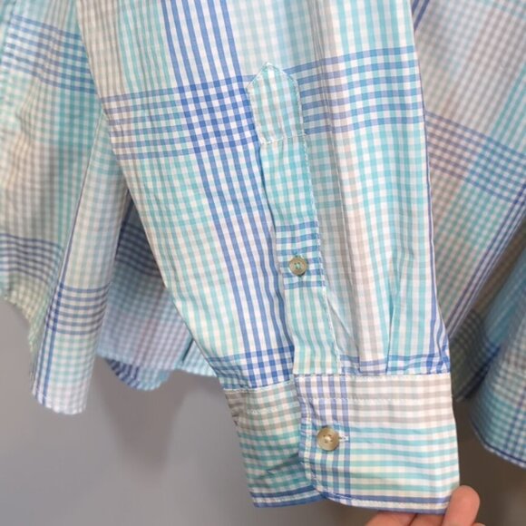 IZOD Surfcaster Button Down Shirt Long Roll Tab Sleeve Plaid Print Flap Pocket - Picture 5 of 12